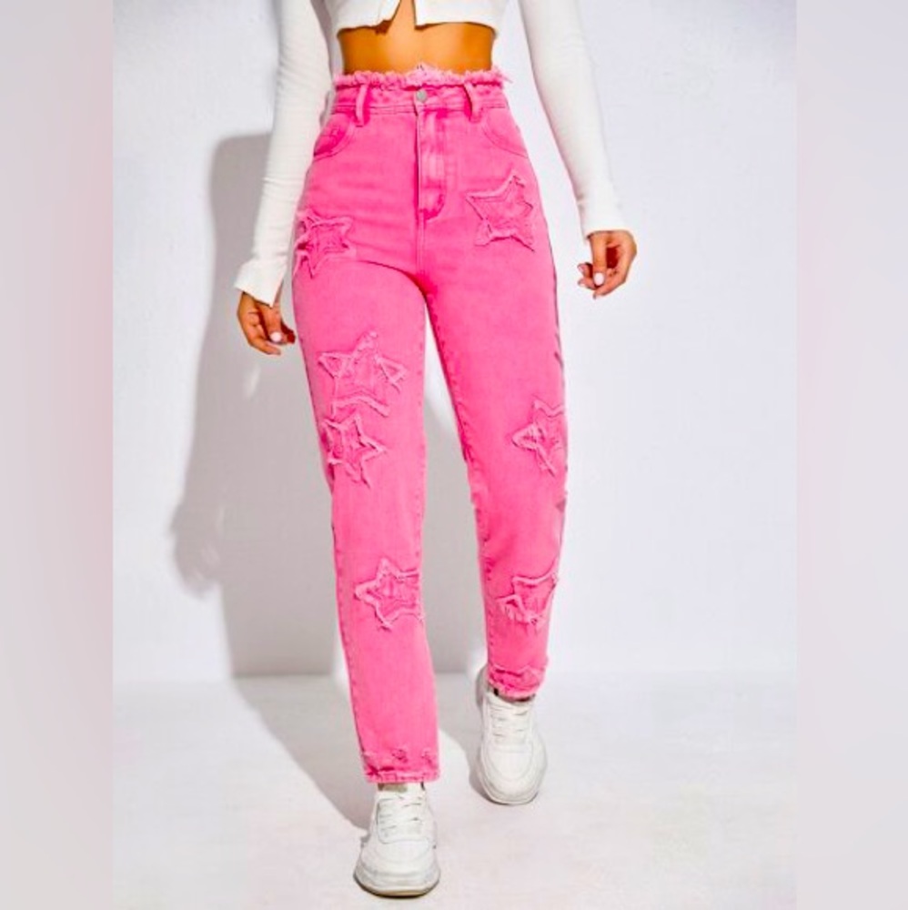 Shein hot pink jeans high rise star jeans